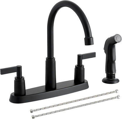 Modern 2 Handle Kitchen Sink Faucet with Side Sprayer, High Arc 360 Swivel Stainless Steel 3 or 4 Hole Kitchen Faucet for Rv Camper Laundry Utility Bar Sinks, Matte Black
