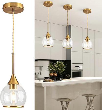 1-Piece Island Light for Kitchen, 1-Light Gold Kitchen Island Hanging Pendant Light with Clear Round Glass Shades, Brushed Gold Finish Dining Room Light Fixture Over Table