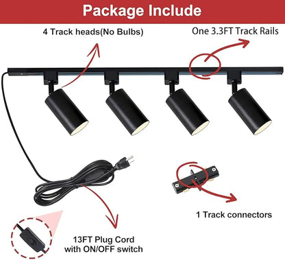 Plug in Track Lighting with Power Cord, 4-Light GU10 Track Lighting Kit with 3.3FT H Type Track Lighting Rails, Modern Kitchen LED Track Lighting Fixtures Ceiling Spot Light, Black (No Bulbs)