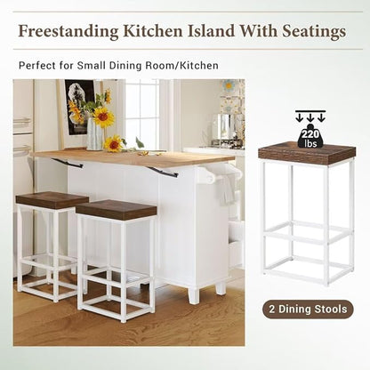 3-Piece Farmhouse Kitchen Island Set with 2 Dining Chairs, Dining Table Set with Storage Cabinet, Drawers and Towel Rack for Small Place, Apartment, Breakfast, Pub
