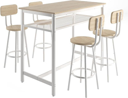 RuiSiSi 5 Piece Counter Height Dining Table Set, Heavy Duty Metal Kitchen Table Set with Storage Shelf and 4 Height Chairs, Modern Bar Table and Chairs Set for Kitchen, Dining Room, Bar, White Oak