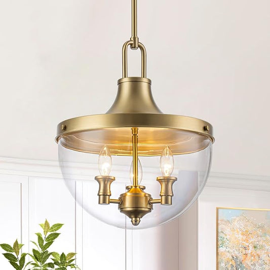 Lingkai Brass Gold Glass Pendant Lights,Industrial Farmhouse Hanging Light Fixtures with Clear Glass Shade,Modern Kitchen Island Lighting for Dining Room Bedroom Bar Hallway Foyer 13.7 Inch