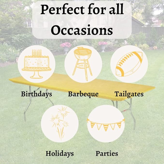 Kwik-Covers 10 Pack of Rectangular Plastic Table Covers - 6' Foot or 8' Foot Options - Indoor or Outdoor Fitted Table Covers (Table NOT Included) (Gold, 30" x 96" (8' ft))