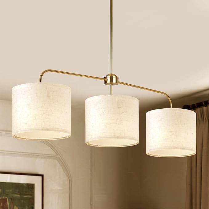 3 Light Gold Linear Chandelier with Linen Beige Drum Shades,Modern Pendant Light Fixture for Kitchen Island,Dining Room,Living Room,Mid-Century Ceiling Light Fixture,Adjustable Height Island Light