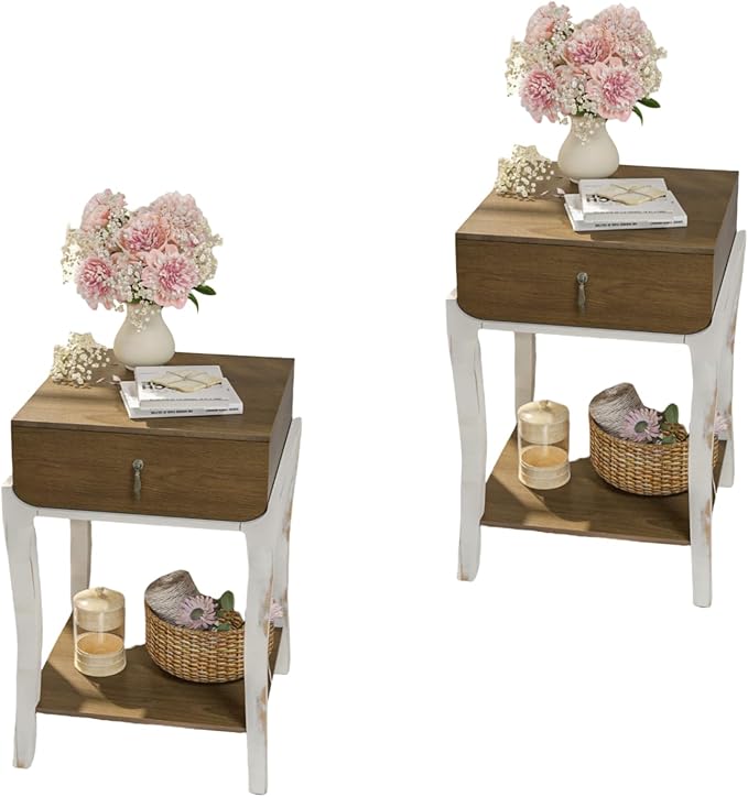 SUNBURY Set of 2 Nightstands with Drawers & Open Storage Shelves, Vintage Wood Grain Bedside Tables for Living Room, Bedroom, Office, and Corners (Rustic Brown & White)