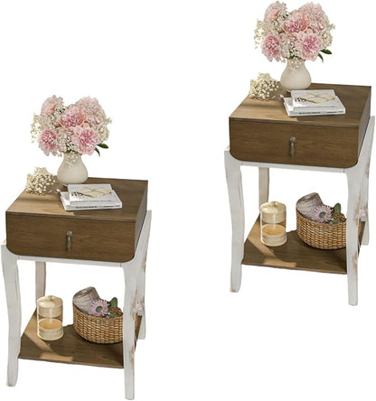 SUNBURY Set of 2 Nightstands with Drawers & Open Storage Shelves, Vintage Wood Grain Bedside Tables for Living Room, Bedroom, Office, and Corners (Rustic Brown & White)