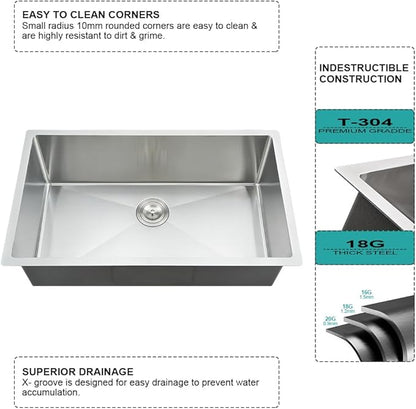 33 Inch Stainless Steel Kitchen Sink with Faucet Combo-iAnomla 33x19 Undermount Kitchen Sink Stainless Steel Deep Single Bowl Under Mount Sinks and Faucet Combo Set