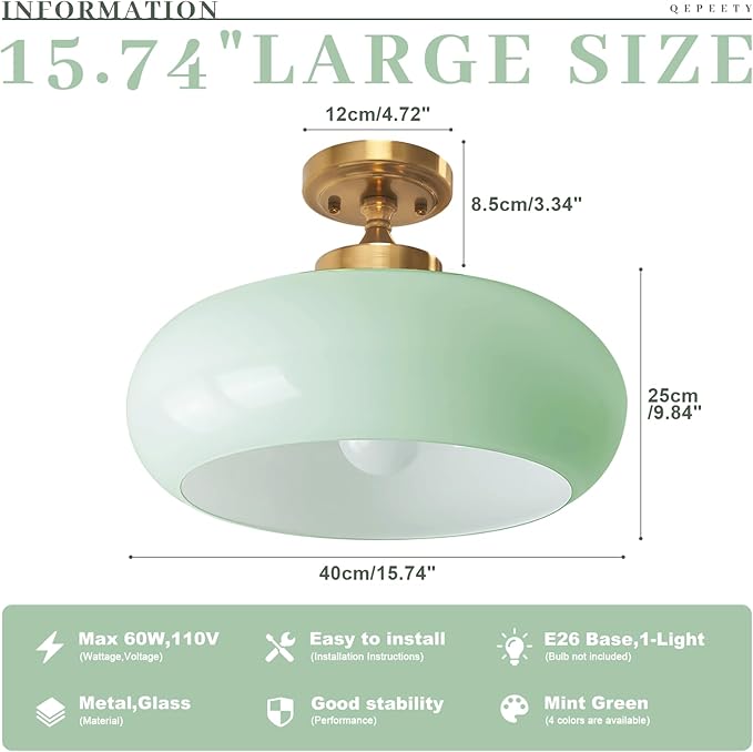 Mint Green Ceiling Light, Gold Hallway Light Scandinavian Flush Mount with Glass Shade, Vintage Flush Ceiling Light for Living Room Bedroom, Bathroom Lighting Fixture