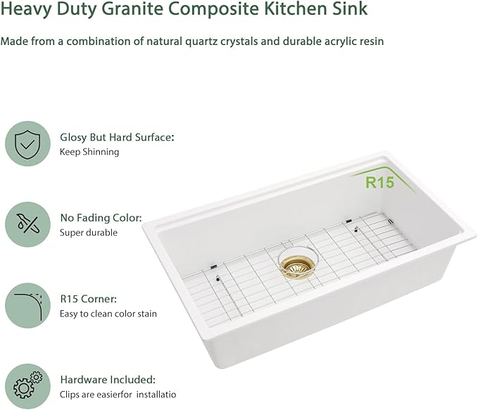 30 Inch Undermount Kitchen Sink White Quartz Granite Composite Single Bowl Kitchen Sinks Workstation Ledge Under Counter Large Deep Classic Sinks 30" x 19" x 10"