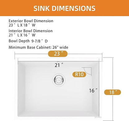 Quartz Kitchen Sink, 23 Inch White Undermount Kitchen Sinks, Deep Single Bowl Granite Composite Sink, Modern Sinks Providing Complete Accessories, Spacious Workspace and Easy Cleaning