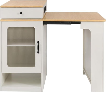 Modern Dining Table 59.5in Kitchen Island with Extendable Table, Double-Sided, 2 Drawers, Power Outlet, Side Shelves, Wood Finish, Design, Console for Living Room,White-