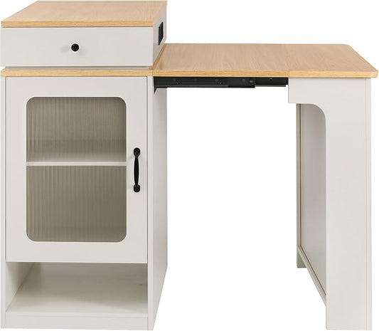 Modern Dining Table 59.5in Kitchen Island with Extendable Table, Double-Sided, 2 Drawers, Power Outlet, Side Shelves, Wood Finish, Design, Console for Living Room,White-