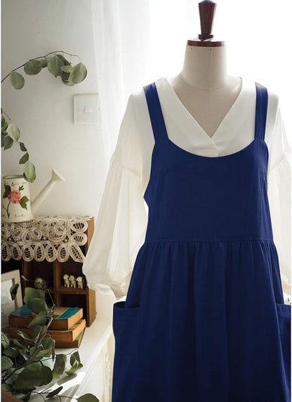 Uaussi Cotton Linen Apron Cross Back Work Apron for Women with Pockets Pinafore Dress X Cross Halter Apron for Chef Gardening