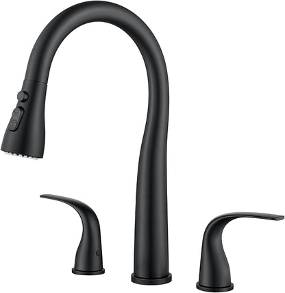 TIORIY Black Kitchen Faucet 3 Hole with Pull Down Sprayer, 2-Handle High Arc Kitchen Sink Faucet with 3 Function Spray, Stainless Steel, T-3005B