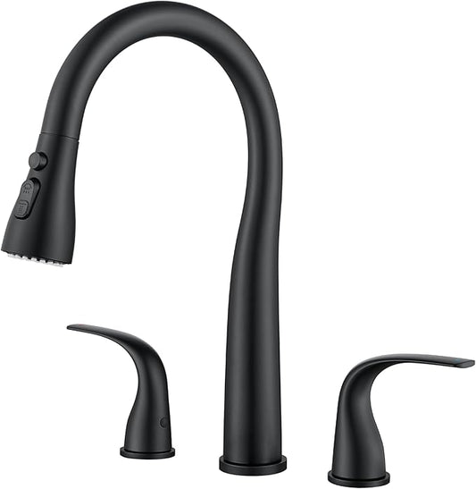 TIORIY Black Kitchen Faucet 3 Hole with Pull Down Sprayer, 2-Handle High Arc Kitchen Sink Faucet with 3 Function Spray, Stainless Steel, T-3005B