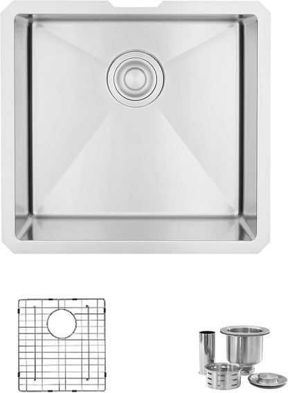 Stylish 19 x 18 Inch Undermount Kitchen Sink 16G Stainless Steel 10mm Radius Corners Single Bowl Kitchen Sinks with Bottom Grid and Luxury Basket Strainer, S-308XG