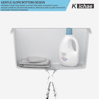 Kichae 24 Laundry Room Sink - 24"x18"x12" White Granite Composite Undermount Laundry Utility Sink White Quartz 12" Deep Under Counter Single Bowl Sink Basin