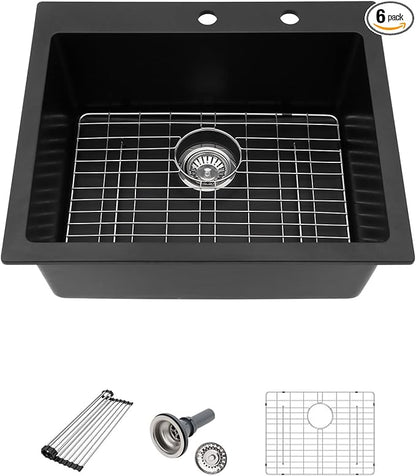 25 Granite Composite Kitchen Sink - Beslend 25x22 Inch Drop In Granite Kitchen Sink Topmount Black Quartz Sinks Classic Above Counter Single Bowl Basin