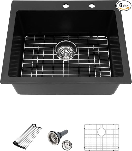25 Granite Composite Kitchen Sink - Beslend 25x22 Inch Drop In Granite Kitchen Sink Topmount Black Quartz Sinks Classic Above Counter Single Bowl Basin