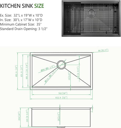 32x19 Black Workstation Kitchen Sink Undermount, Swift horse 32 Inch 16Gauge Black Stainless Steel Undermount Kitchen Sink, Single Bowl Workstation Kitchen Sinks with Built-In Accessories