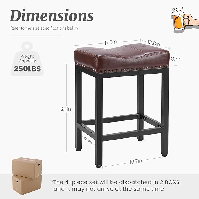 DUMOS Saddle Bar Stools Set of 2, 24 Inch Counter Height Stools with PU Leather Upholstery, 250 lb Weight Capacity, Bar Height Stools with Footrest for Kitchen Island, Dining, Cafe, Modern Brown