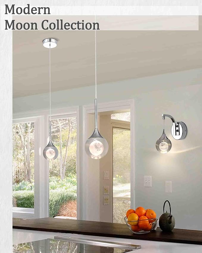 2 Pack Modern Crystal Moon Pendant Lights, Dimmable Natural White (3000K) LED Hanging Light Fixture for Kitchen Island Dining Room Bar Bedroom, Chrome Finish