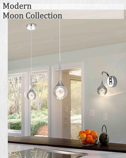 2 Pack Modern Crystal Moon Pendant Lights, Dimmable Natural White (3000K) LED Hanging Light Fixture for Kitchen Island Dining Room Bar Bedroom, Chrome Finish