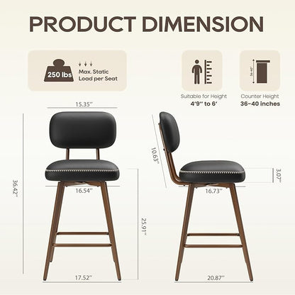 MALOL 26“ Swivel Bar Stools Set of 3, Mid Century PU Leather Counter Height Bar Chairs with Low Back and Metal Legs, Modern Bar Stool Chair for Kitchen Island, Black