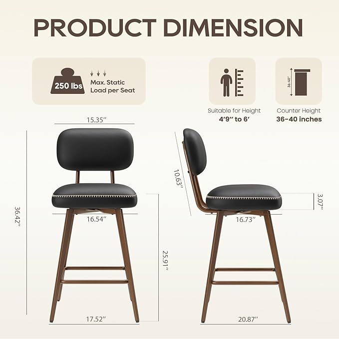 MALOL 26“ Swivel Bar Stools Set of 2, Mid Century PU Leather Counter Height Bar Chairs with Low Back and Metal Legs, Modern Bar Stool Chair for Kitchen Island, Black