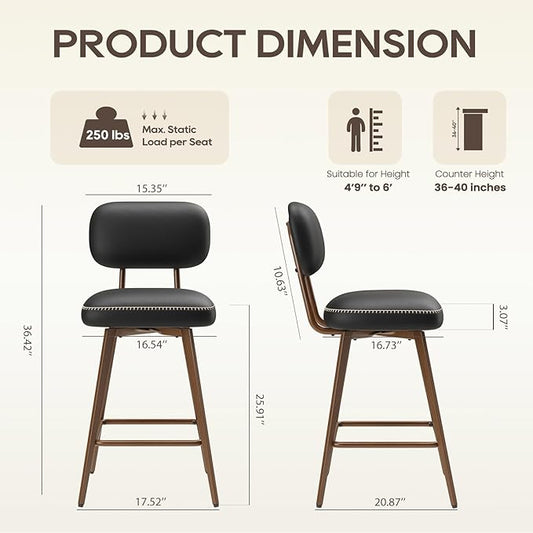 MALOL 26“ Swivel Bar Stools Set of 2, Mid Century PU Leather Counter Height Bar Chairs with Low Back and Metal Legs, Modern Bar Stool Chair for Kitchen Island, Black