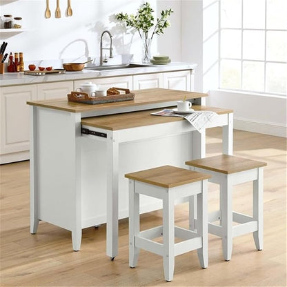 MAKLAINE Contemporary 3-Piece Kitchen Island and Stool Set, Oak White Finish, MDF/Particleboard Construction, Adjustable Shelves, Butcher Block Countertop, Pull-Out Table, Small Kitchen Dining Space