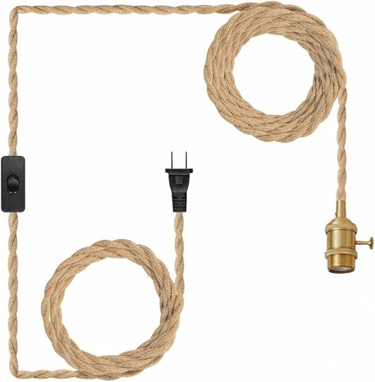 Plug in Pendant Light - Farmhouse Style Hanging Lamp Cord with Switch and Brass Fixtures - 15 ft