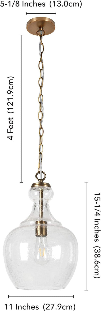 Henn&Hart 11" Mid-Century Modern Pendant Light Fixture with Seeded Glass Dome Shade and 6' Adjustable Cord for Kitchen Island, Dining Room or Game Room, Brass
