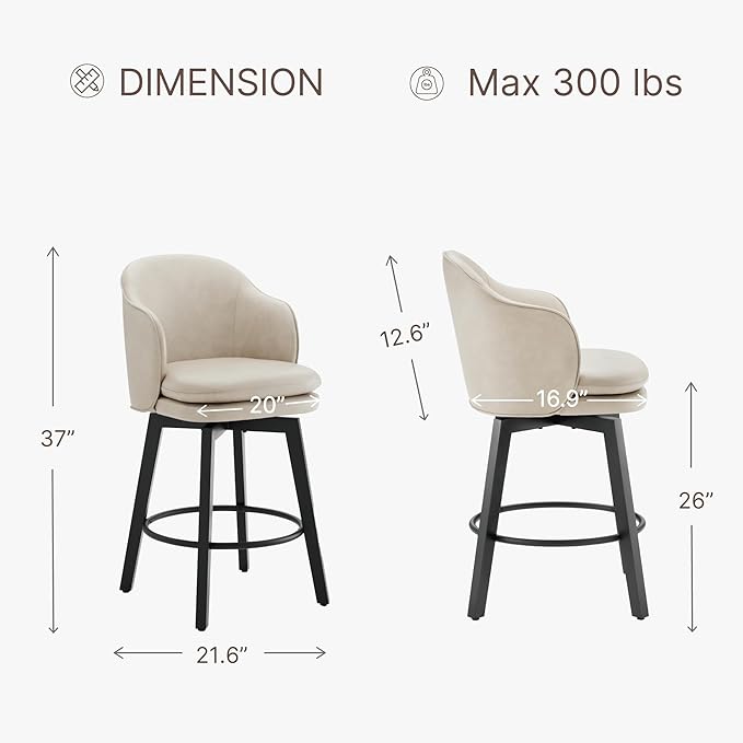 KISLOT Counter Height Barstools 26 inch Upholstered Swivel Bar Stools with Back for Kitchen Island,Set of 2,Beige PU Leather