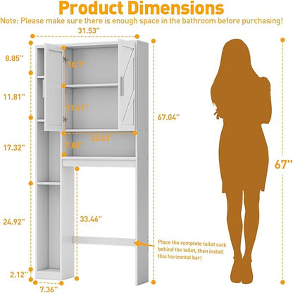 Over The Toilet Storage Cabinet with 7 Storage Shelves, Above Toilet Bathroom Organizer with Toilet Paper Holder Stand, Behind Toilet Cabinet, Space Saver for Restroom, Bathroom, Laundry, White
