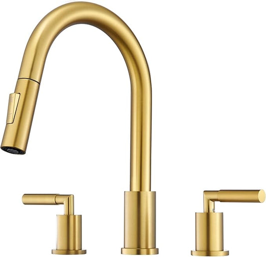 Tohlar Gold Kitchen Faucet with Pull Down Sprayer, 2 Handle Kitchen Faucet, 3 Hole Kitchen Sink Faucets Brushed Gold Stainless Steel Faucet for Kitchen Sink