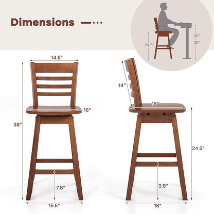 Giantex Wood Bar Stools Set of 2, 24.5" Swivel Counter Height Bar Stools with Slatted Hollow Back & Ergonomic Contoured Seat, Footrest, Farmhouse Wooden Barstools for Kitchen Island, Bar, Cafe, Walnut