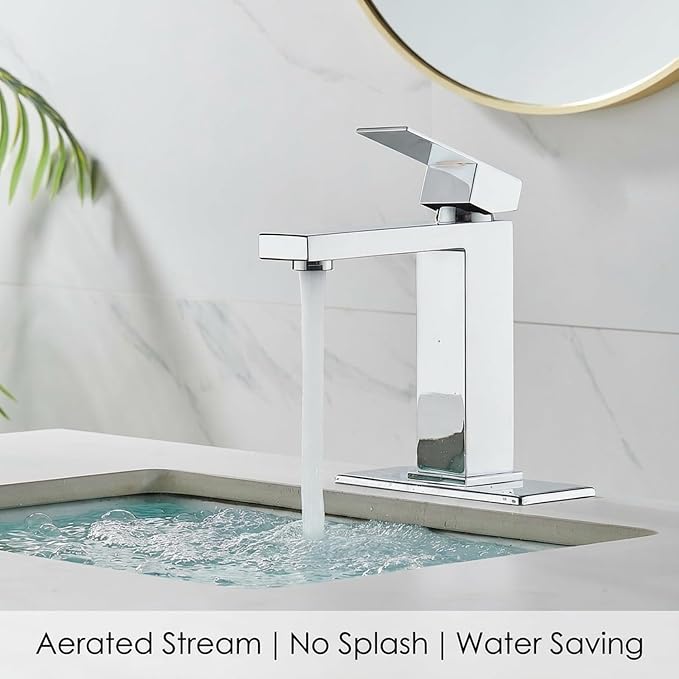 AVSIILE Chrome Bathroom Faucet, Single Hole Vanity Bath Faucet, Single Handle Modern Stainless Steel Bathroom Faucets for Sink 1 Hole with Pop Up Drain Stopper & Water Supply Hoses