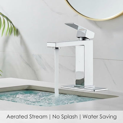 AVSIILE Chrome Bathroom Faucet, Single Hole Vanity Bath Faucet, Single Handle Modern Stainless Steel Bathroom Faucets for Sink 1 Hole with Pop Up Drain Stopper & Water Supply Hoses