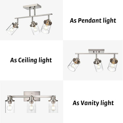 Track Lighting Fixtures 3 Light Directional Ceiling Lights with Adjustable Track Heads, Brushed Nickel Bathroom Vanity Light with Clear Glass Shade