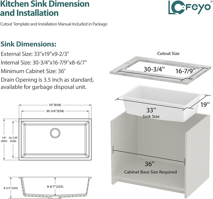 33x19 Inch White Granite Composite Quartz Undermount Single Bowl Kitchen Sink Under Counter Contemporary Kitchen Deep Sink Basin 33"x19"