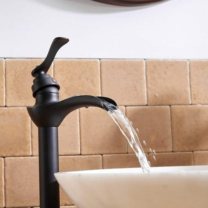 BWE Matte Black Vessel Sink Faucet Waterfall Single Hole Handle with Pop Up Drain Stopper Assembly and Supply Hose Bathroom Faucet Vanity Lavatory Mixer Tap Tall Body
