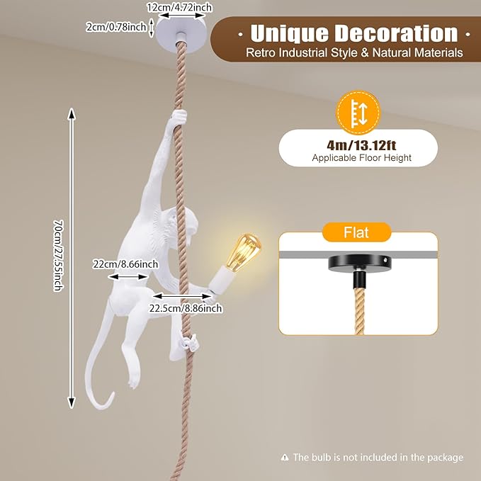 Vintage Monkey Chandelier, Retro Resin Hemp Rope Monkey Pendant Light Fixture, Hanging Ceiling Lamp E26 for Dining Living Room Bedroom Bar Cafe-White