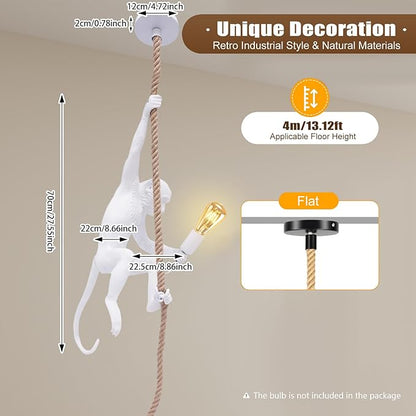 Vintage Monkey Chandelier, Retro Resin Hemp Rope Monkey Pendant Light Fixture, Hanging Ceiling Lamp E26 for Dining Living Room Bedroom Bar Cafe-White