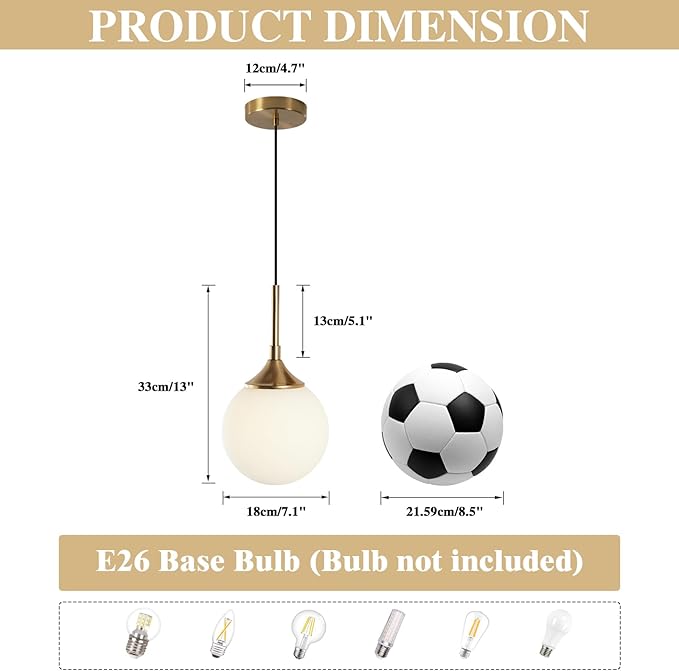 KCO Lighting Mid Century Modern Milk Glass Pendant Light Large White Globe Hanging Light Gold Ceiling Light Fixture 1 Light Pendant Lighting Brushed Brass Hanging Light Fixture