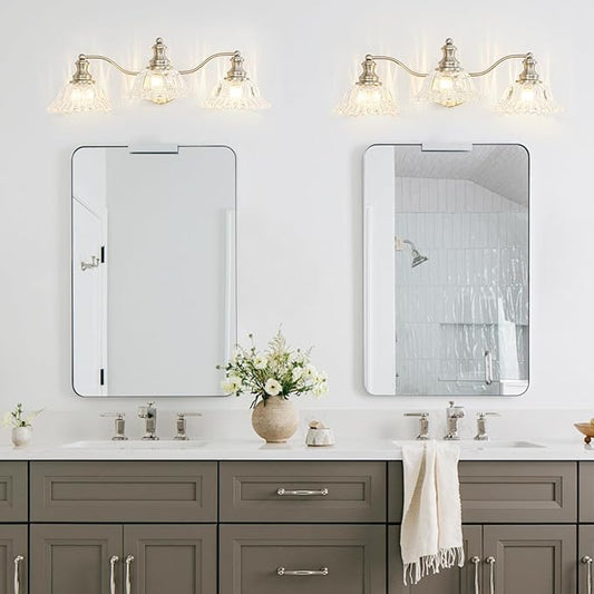 Brushed Nickel Bathroom Light Fixtures Over Mirror, 3 Light Vintage Bathroom Vanity Light Fixture with Clear Flower Glass Shades, Retro Vanity Lights for Bathroom, Bathroom Vanity Lights Over Mirror