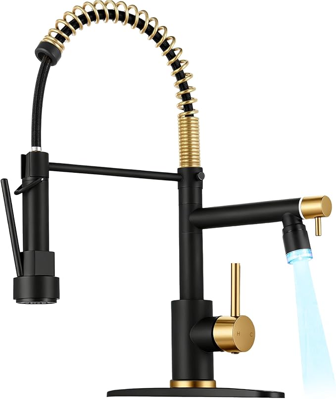 LED Kitchen Faucet with Pull Down Sprayer - Black & Brushed Gold Single Handle Commercial Kitchen Faucets, 2-Spout Kitchen Sink Faucet, Stainless Steel Spring Pull Out Sink Faucet 1/3 Hole
