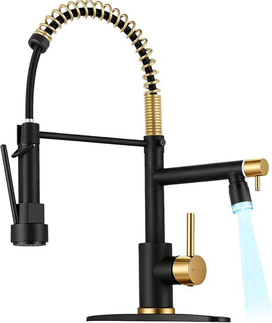 LED Kitchen Faucet with Pull Down Sprayer - Black & Brushed Gold Single Handle Commercial Kitchen Faucets, 2-Spout Kitchen Sink Faucet, Stainless Steel Spring Pull Out Sink Faucet 1/3 Hole