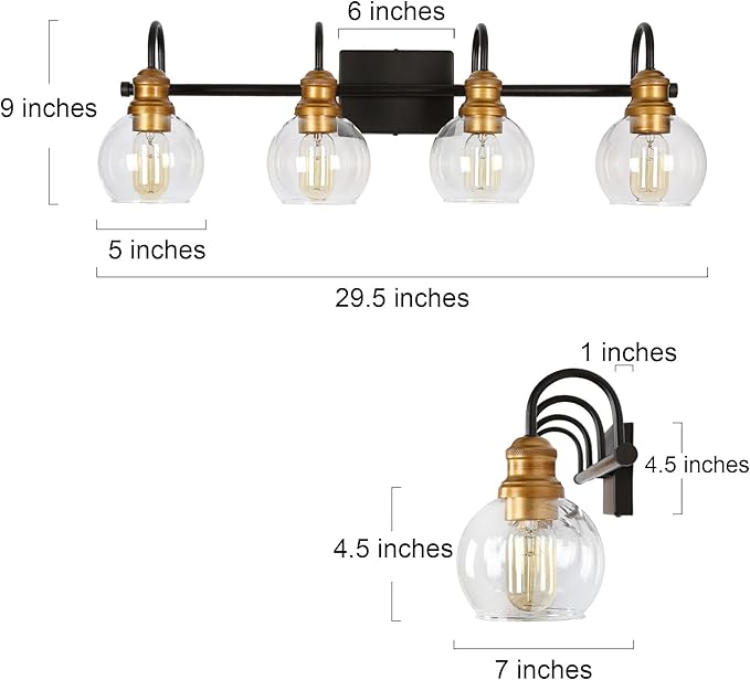 LALUZ Bathroom Vanity Light, 4-Light Black Bathroom Light Fixtures with Oil Rubbed Bronze Finish, Modern Farmhouse Vanity Lights with Clear Globe Glass Shade (L 29.5" x W 7" x H 9")