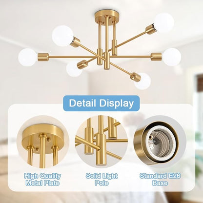 Biewalk Modern Chandelier Ceiling Light Fixture, 6-Light Sputnik Dining Chandeliers 31.18" Gold and Black Chandelier Over Table, Mid Century Lights Fixture for Dining Room Living Room Kitchen Island
